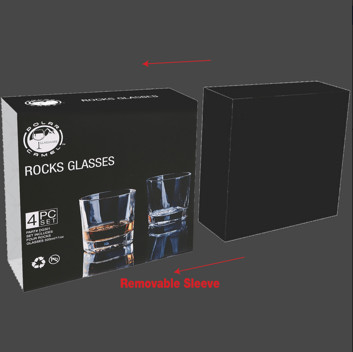 Four Polar Camel 11 oz. Square Rocks Glasses in Black Gift Box with Printed Paper Sleeve
