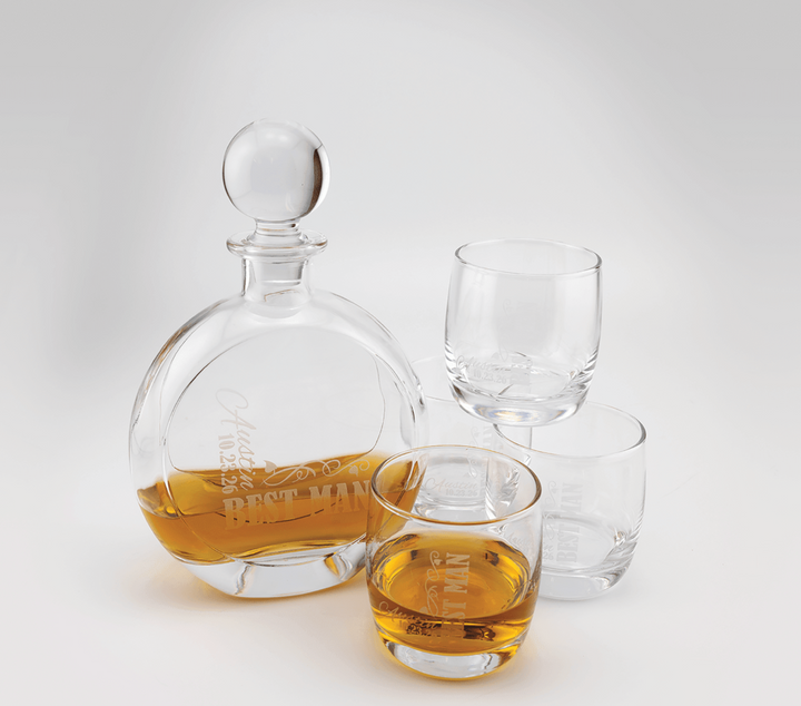 Polar Camel 750 mL Flat Round Glass Decanter Set with Four DG302S 10 oz. Rocks Glasses in Black Gift Box with Printed Paper Sleeve