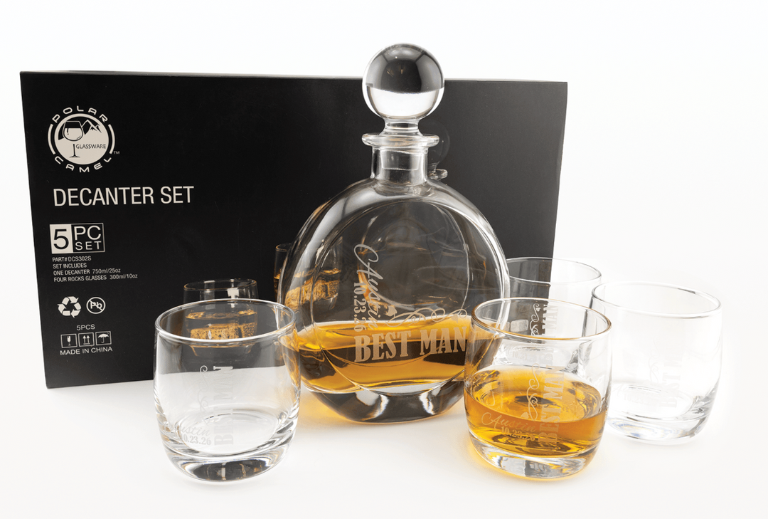 Polar Camel 750 mL Flat Round Glass Decanter Set with Four DG302S 10 oz. Rocks Glasses in Black Gift Box with Printed Paper Sleeve