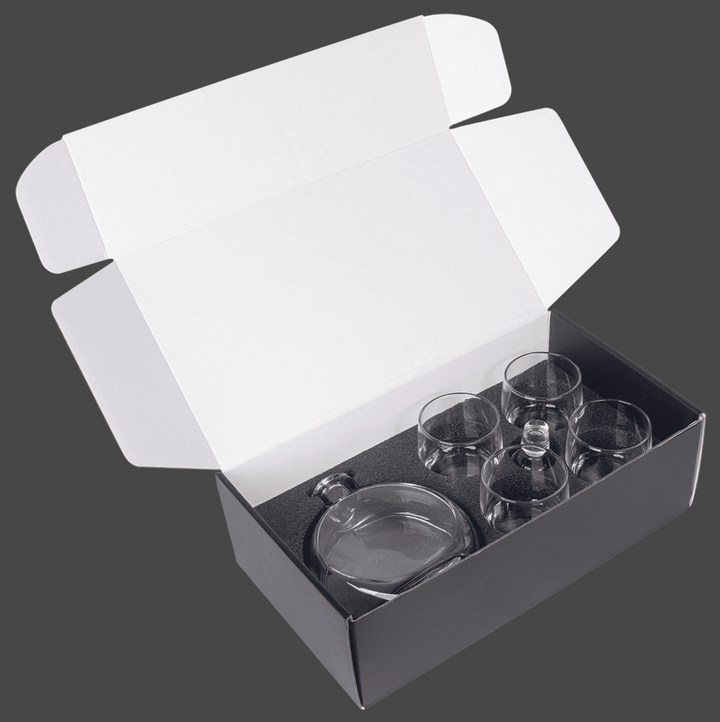 Polar Camel 750 mL Flat Round Glass Decanter Set with Four DG302S 10 oz. Rocks Glasses in Black Gift Box with Printed Paper Sleeve