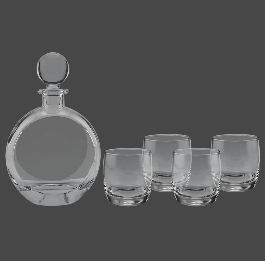 Polar Camel 750 mL Flat Round Glass Decanter Set with Four DG302S 10 oz. Rocks Glasses in Black Gift Box with Printed Paper Sleeve