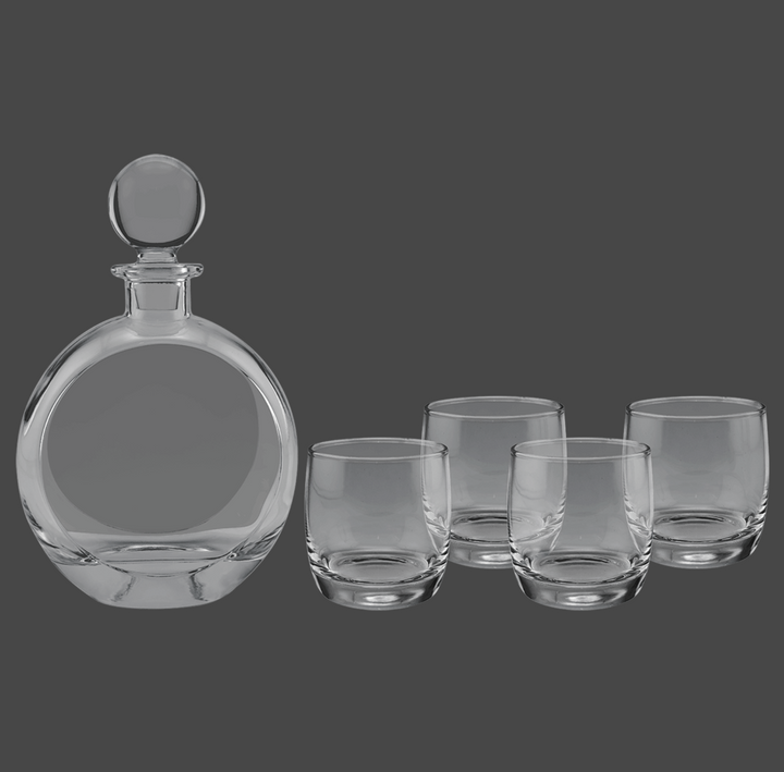 Polar Camel 750 mL Flat Round Glass Decanter Set with Four DG302S 10 oz. Rocks Glasses in Black Gift Box with Printed Paper Sleeve