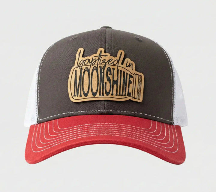 Baptized in Moonshine Trucker Hat - Charcoal & Red