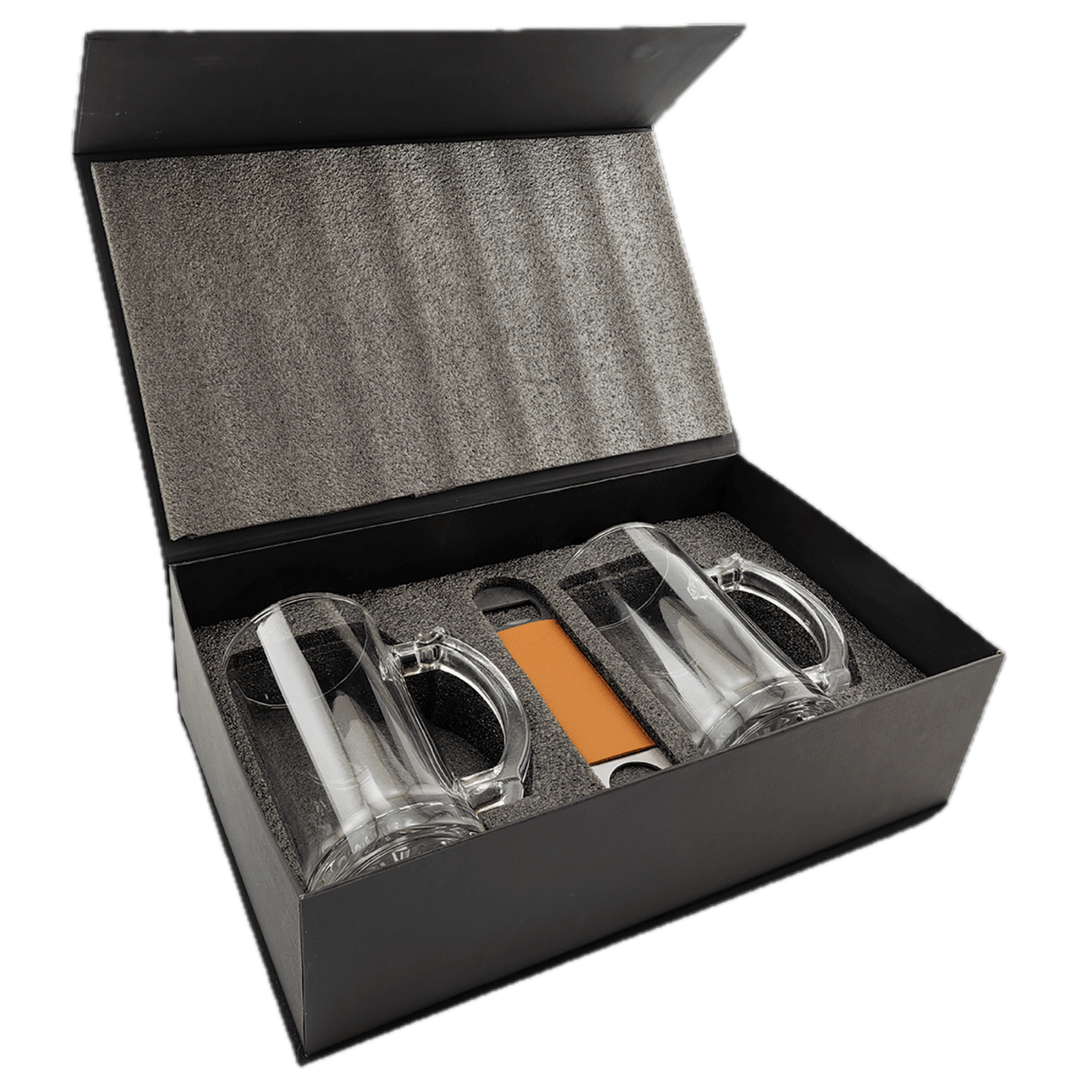Lazerburst Beer Set with Two 14 oz. Mugs and One Rawhide Laserable Leatherette Bottle Opener