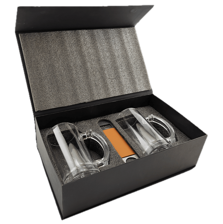 Lazerburst Beer Set with Two 14 oz. Mugs and One Rawhide Laserable Leatherette Bottle Opener