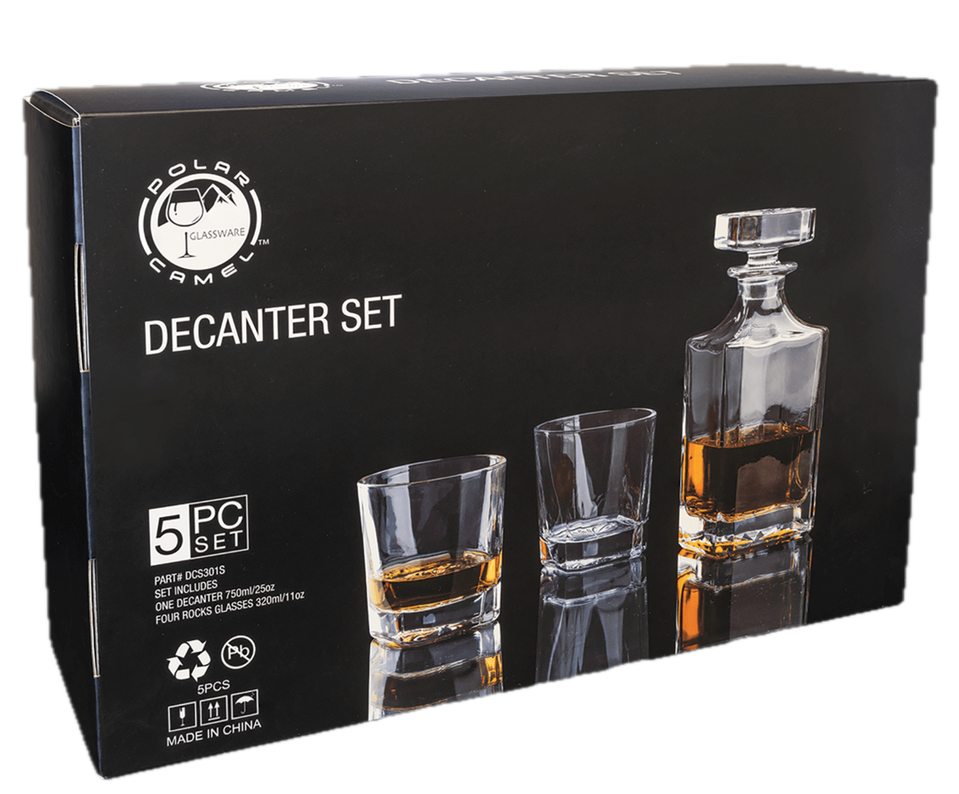 Polar Camel 750 mL Square Glass Decanter Set with Four 11 oz. Rocks Glasses in Black Gift Box with Printed Paper Sleeve