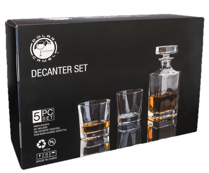 Polar Camel 750 mL Square Glass Decanter Set with Four 11 oz. Rocks Glasses in Black Gift Box with Printed Paper Sleeve