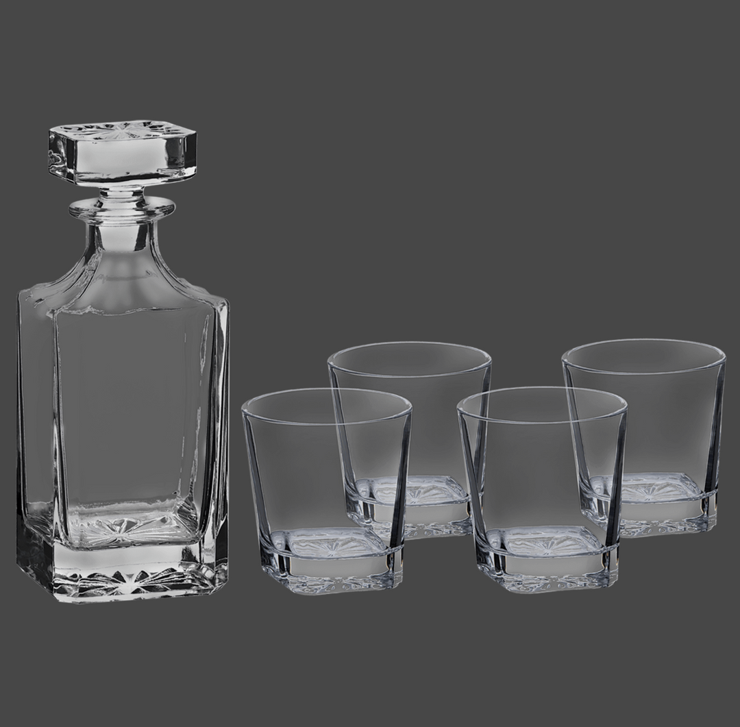 Polar Camel 750 mL Square Glass Decanter Set with Four 11 oz. Rocks Glasses in Black Gift Box with Printed Paper Sleeve