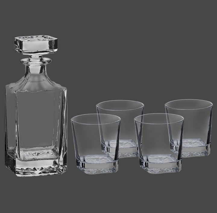 Polar Camel 750 mL Square Glass Decanter Set with Four 11 oz. Rocks Glasses in Black Gift Box with Printed Paper Sleeve