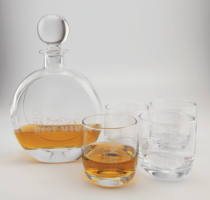 Polar Camel 750 mL Flat Round Glass Decanter Set with Four DG302S 10 oz. Rocks Glasses in Black Gift Box with Printed Paper Sleeve