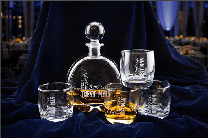 Polar Camel 750 mL Flat Round Glass Decanter Set with Four DG302S 10 oz. Rocks Glasses in Black Gift Box with Printed Paper Sleeve