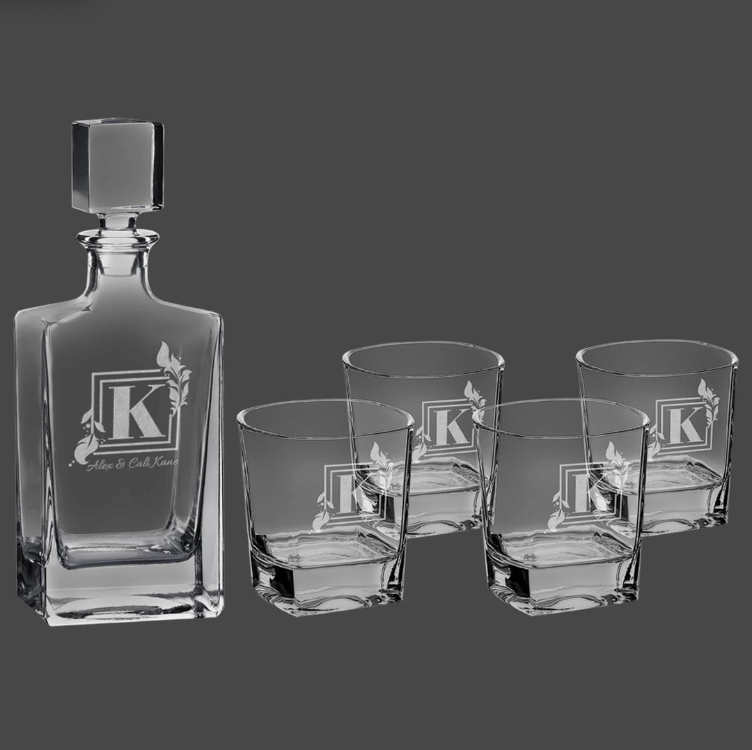 Polar Camel 810 mL Rectangle Glass Decanter Set with Four 8 oz. Rocks Glasses in Black Gift Box with Printed Paper Sleeve