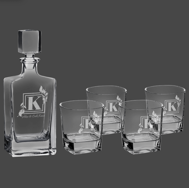 Polar Camel 810 mL Rectangle Glass Decanter Set with Four 8 oz. Rocks Glasses in Black Gift Box with Printed Paper Sleeve