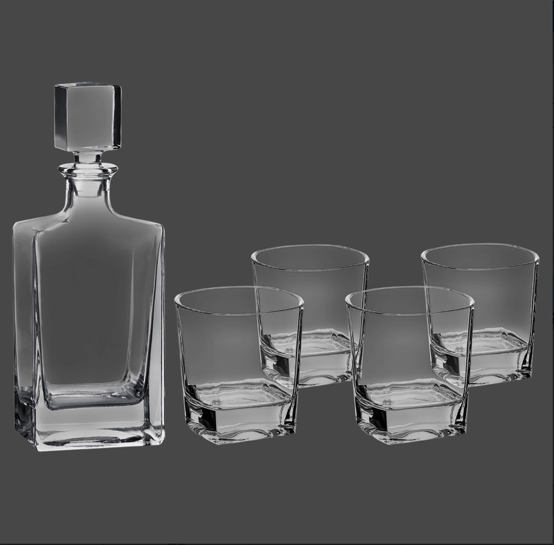 Polar Camel 810 mL Rectangle Glass Decanter Set with Four 8 oz. Rocks Glasses in Black Gift Box with Printed Paper Sleeve
