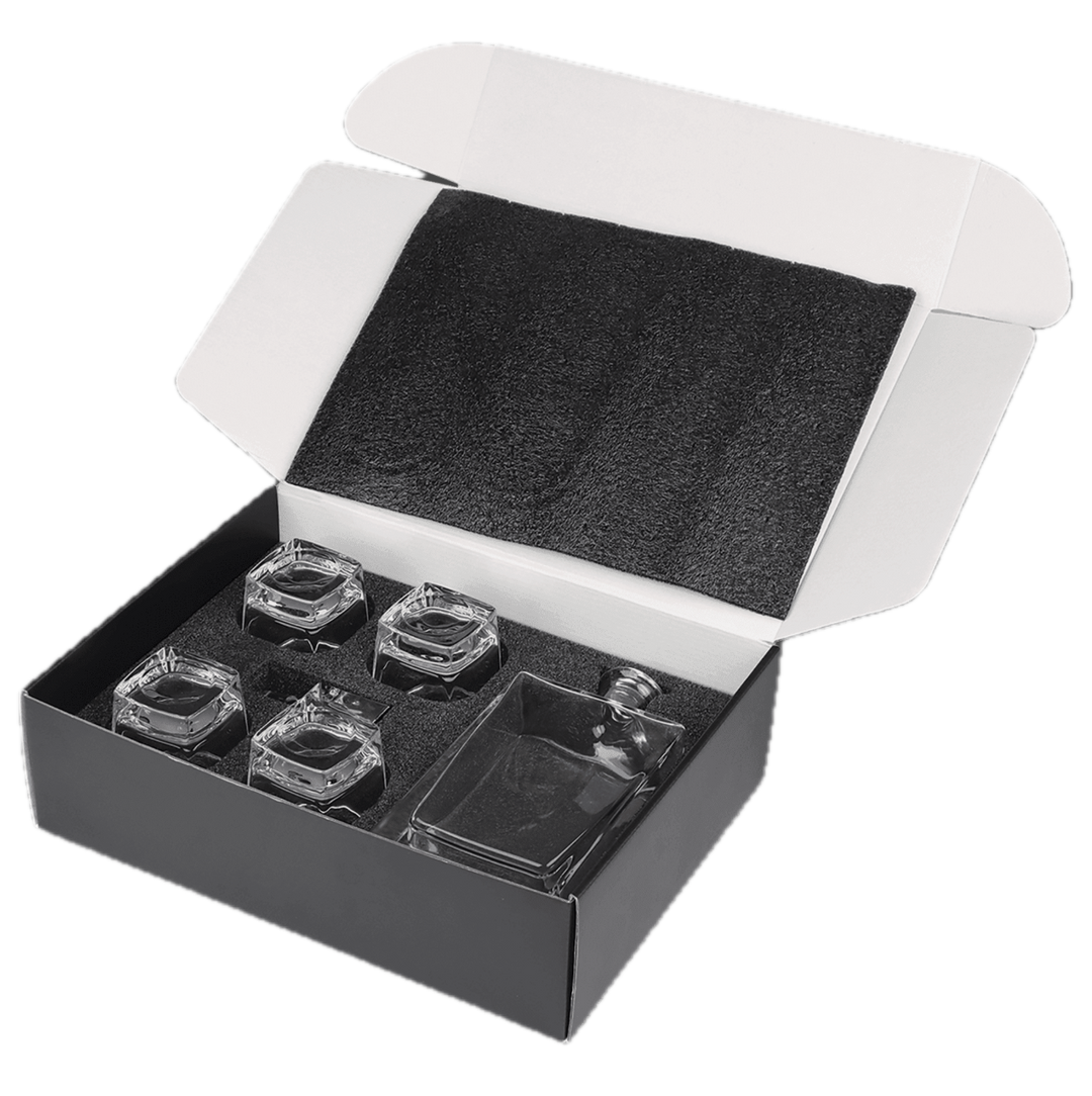 Polar Camel 810 mL Rectangle Glass Decanter Set with Four 8 oz. Rocks Glasses in Black Gift Box with Printed Paper Sleeve
