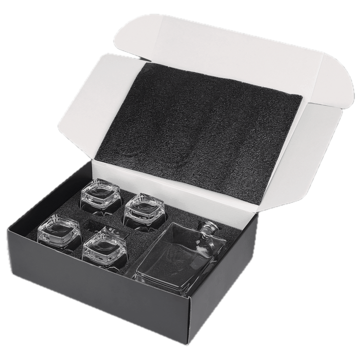 Polar Camel 810 mL Rectangle Glass Decanter Set with Four 8 oz. Rocks Glasses in Black Gift Box with Printed Paper Sleeve