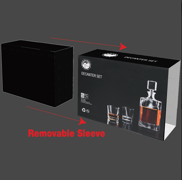 Polar Camel 810 mL Rectangle Glass Decanter Set with Four 8 oz. Rocks Glasses in Black Gift Box with Printed Paper Sleeve