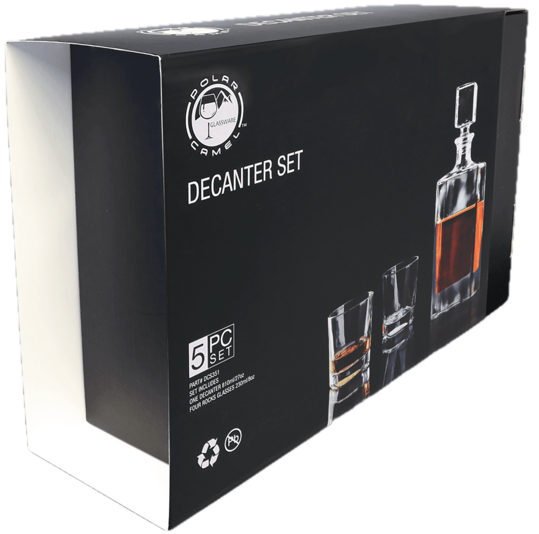 Polar Camel 810 mL Rectangle Glass Decanter Set with Four 8 oz. Rocks Glasses in Black Gift Box with Printed Paper Sleeve