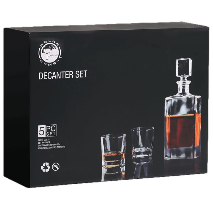 Polar Camel 810 mL Rectangle Glass Decanter Set with Four 8 oz. Rocks Glasses in Black Gift Box with Printed Paper Sleeve