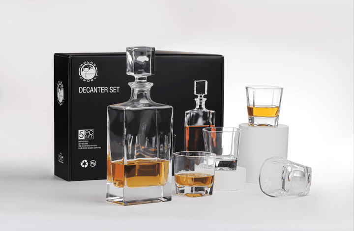 Polar Camel 810 mL Rectangle Glass Decanter Set with Four 8 oz. Rocks Glasses in Black Gift Box with Printed Paper Sleeve