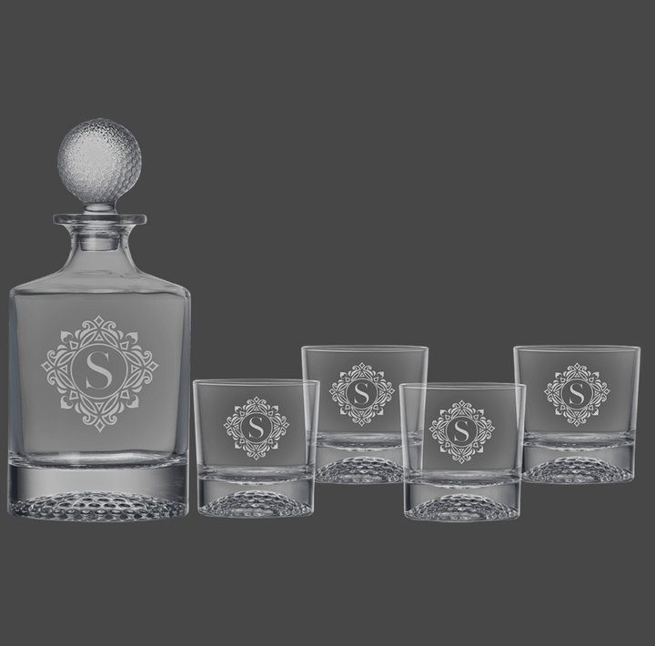 Polar Camel 850mL Round Golf Glass Decanter Set with Four 9 oz. Golf Rocks Glasses in Black Gift Box with Printed Paper Sleeve