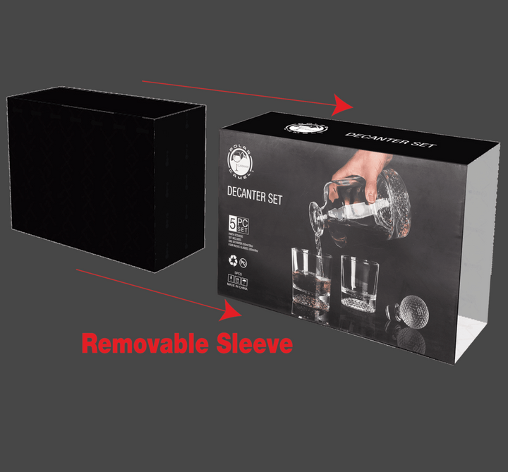Polar Camel 850mL Round Golf Glass Decanter Set with Four 9 oz. Golf Rocks Glasses in Black Gift Box with Printed Paper Sleeve
