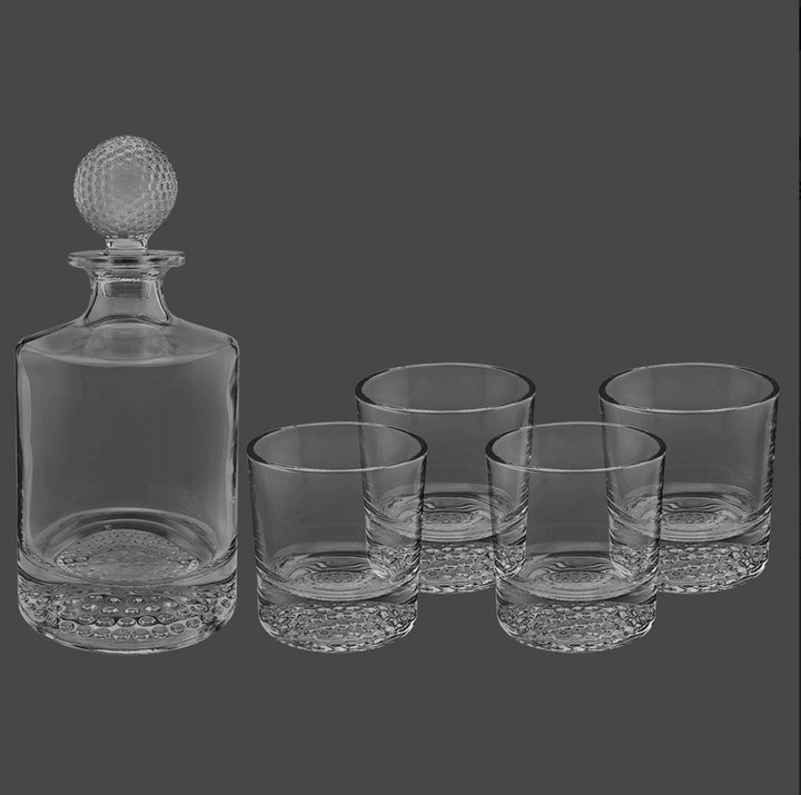 Polar Camel 850mL Round Golf Glass Decanter Set with Four 9 oz. Golf Rocks Glasses in Black Gift Box with Printed Paper Sleeve