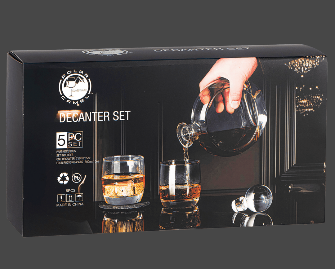 Polar Camel 750 mL Flat Round Glass Decanter Set with Four DG302S 10 oz. Rocks Glasses in Black Gift Box with Printed Paper Sleeve