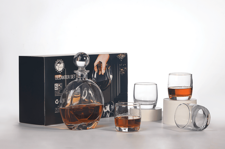 Polar Camel 750 mL Flat Round Glass Decanter Set with Four DG302S 10 oz. Rocks Glasses in Black Gift Box with Printed Paper Sleeve