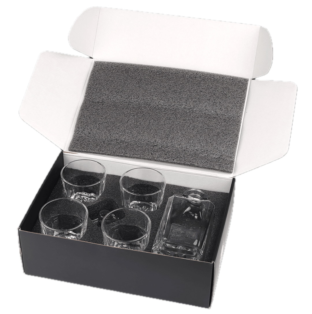 Polar Camel 750 mL Square Glass Decanter Set with Four 11 oz. Rocks Glasses in Black Gift Box with Printed Paper Sleeve