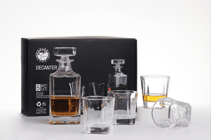 Polar Camel 750 mL Square Glass Decanter Set with Four 11 oz. Rocks Glasses in Black Gift Box with Printed Paper Sleeve