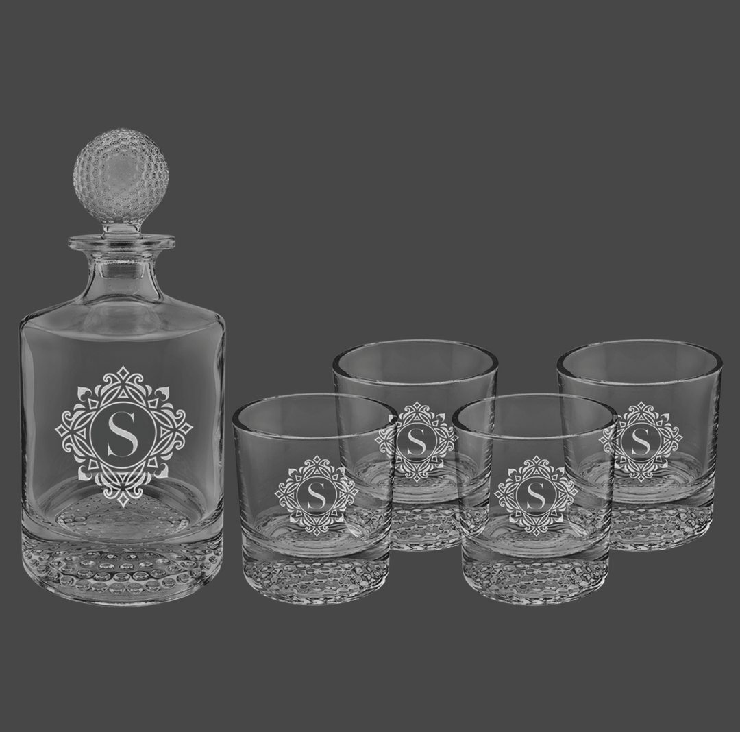 Polar Camel 850mL Round Golf Glass Decanter Set with Four 9 oz. Golf Rocks Glasses in Black Gift Box with Printed Paper Sleeve