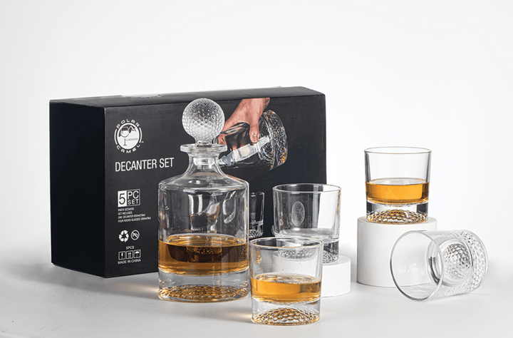 Polar Camel 850mL Round Golf Glass Decanter Set with Four 9 oz. Golf Rocks Glasses in Black Gift Box with Printed Paper Sleeve