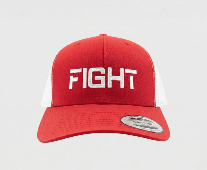 FIGHT Embroidered Yupoong Trucker Hat - Red & White Snapback