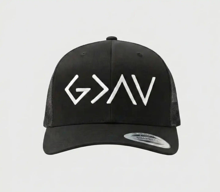 God is Greater Embroidered Hat | Black Trucker Snapback | Faith Statement Cap