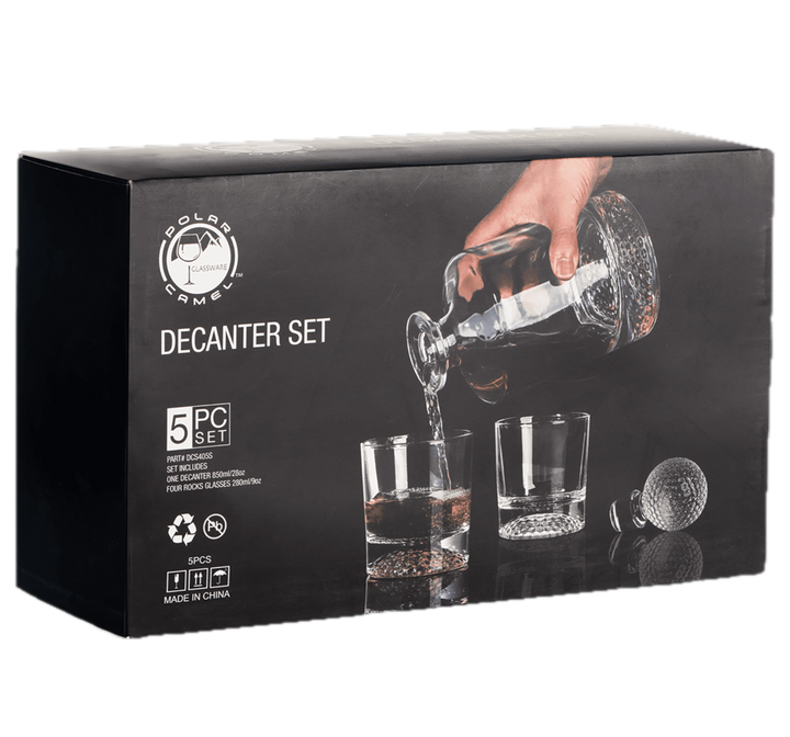 Polar Camel 850mL Round Golf Glass Decanter Set with Four 9 oz. Golf Rocks Glasses in Black Gift Box with Printed Paper Sleeve