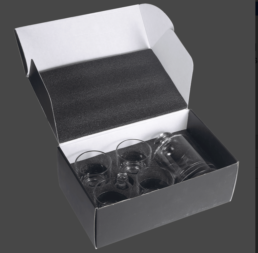 Polar Camel 850mL Round Golf Glass Decanter Set with Four 9 oz. Golf Rocks Glasses in Black Gift Box with Printed Paper Sleeve