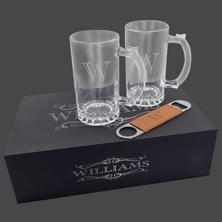 Lazerburst Beer Set with Two 14 oz. Mugs and One Rawhide Laserable Leatherette Bottle Opener