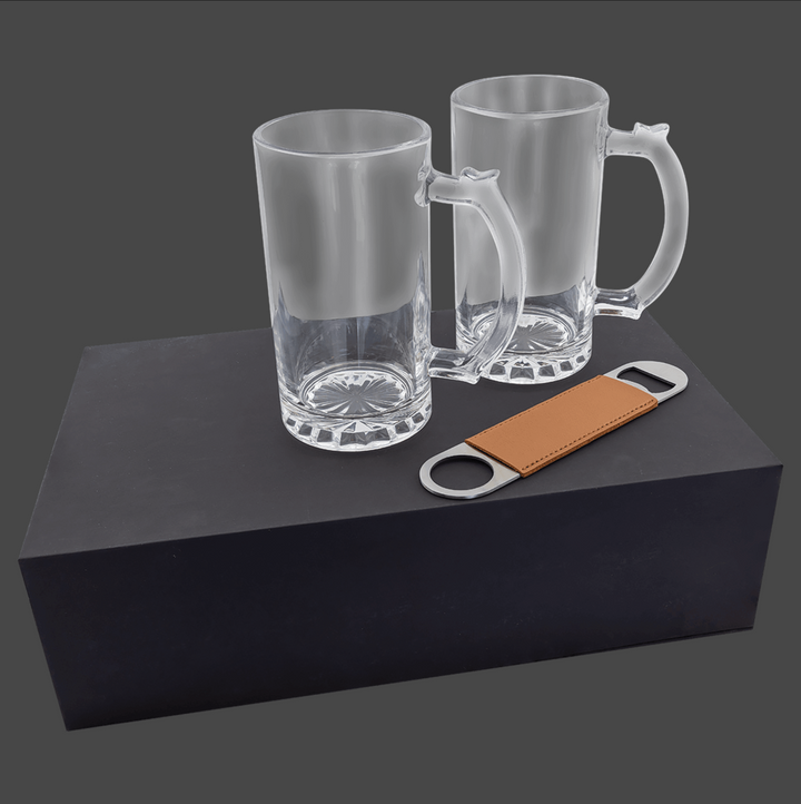 Lazerburst Beer Set with Two 14 oz. Mugs and One Rawhide Laserable Leatherette Bottle Opener