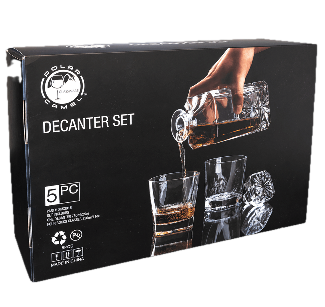 Polar Camel 750 mL Square Glass Decanter Set with Four 11 oz. Rocks Glasses in Black Gift Box with Printed Paper Sleeve