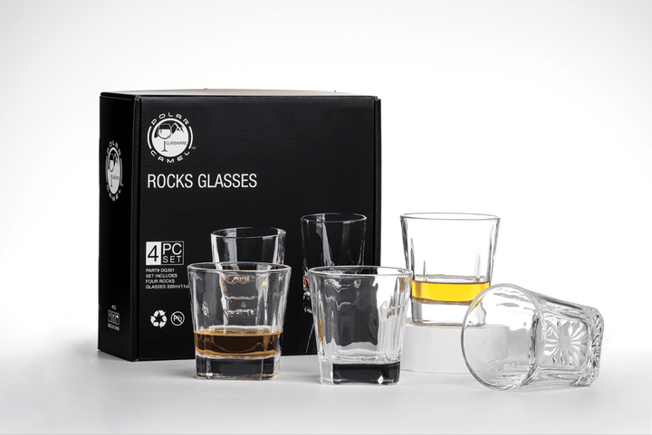 Four Polar Camel 11 oz. Square Rocks Glasses in Black Gift Box with Printed Paper Sleeve
