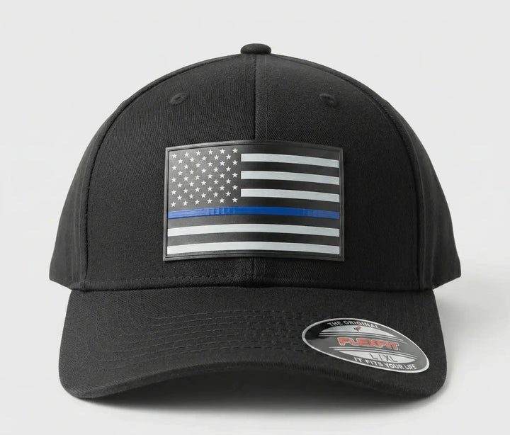 Thin Blue Line Police Support Flex Fit Hat - Premium UV Leather Patch