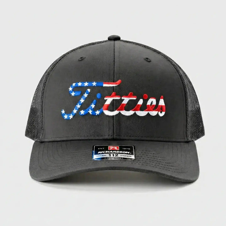 Titties Patriotic Hat | Richardson 112 Trucker Cap with American Flag Embroidery