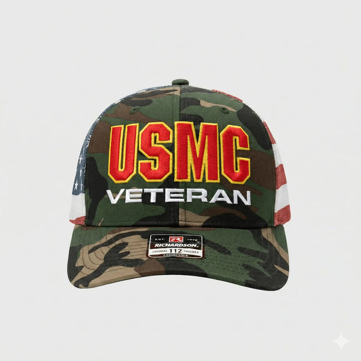 USMC Veteran Puff Embroidered Richardson 112 Hat - Stars & Stripes Camo Trucker