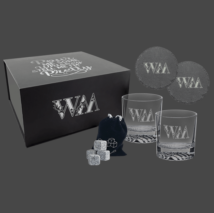 Lazerburst Whiskey Set with Two 9 oz. Glasses, Two 4" Slate Coasters, and Eight Granite Whiskey Stones with Black Velvet