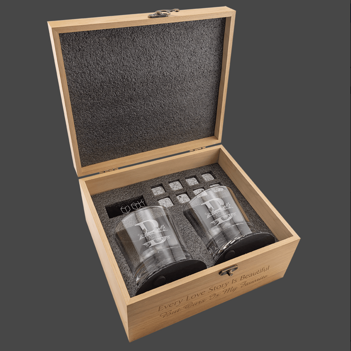 Red Alder Whiskey Set with Two 9 oz. Glasses, Two 4" Slate Coasters, and Eight Granite Whiskey Stones with Black Velvet Bag