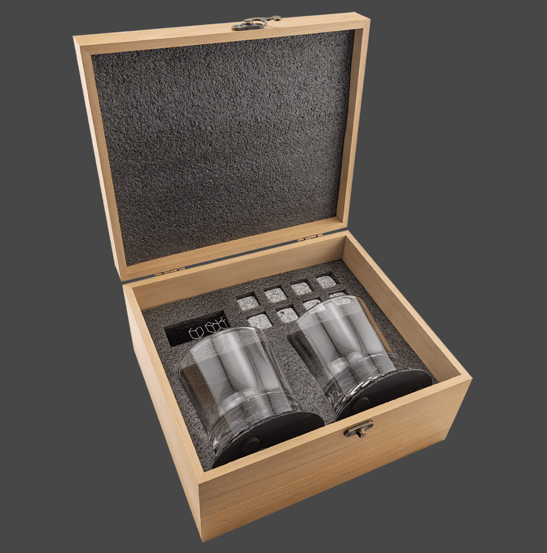 Red Alder Whiskey Set with Two 9 oz. Glasses, Two 4" Slate Coasters, and Eight Granite Whiskey Stones with Black Velvet Bag
