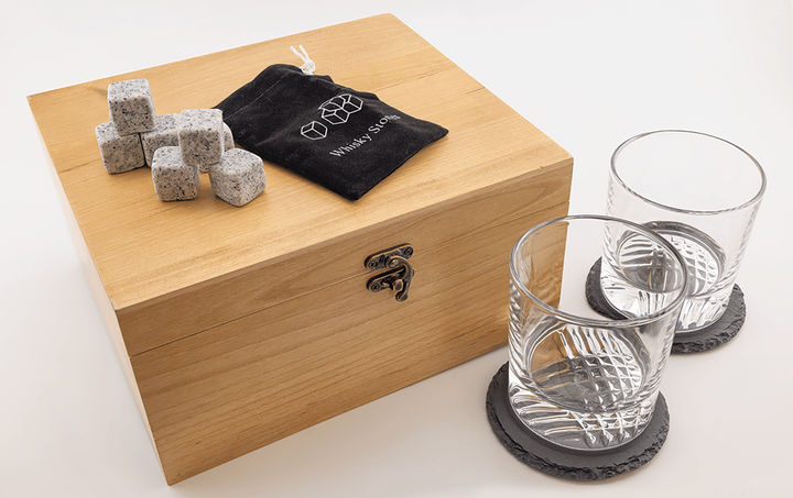 Red Alder Whiskey Set with Two 9 oz. Glasses, Two 4" Slate Coasters, and Eight Granite Whiskey Stones with Black Velvet Bag