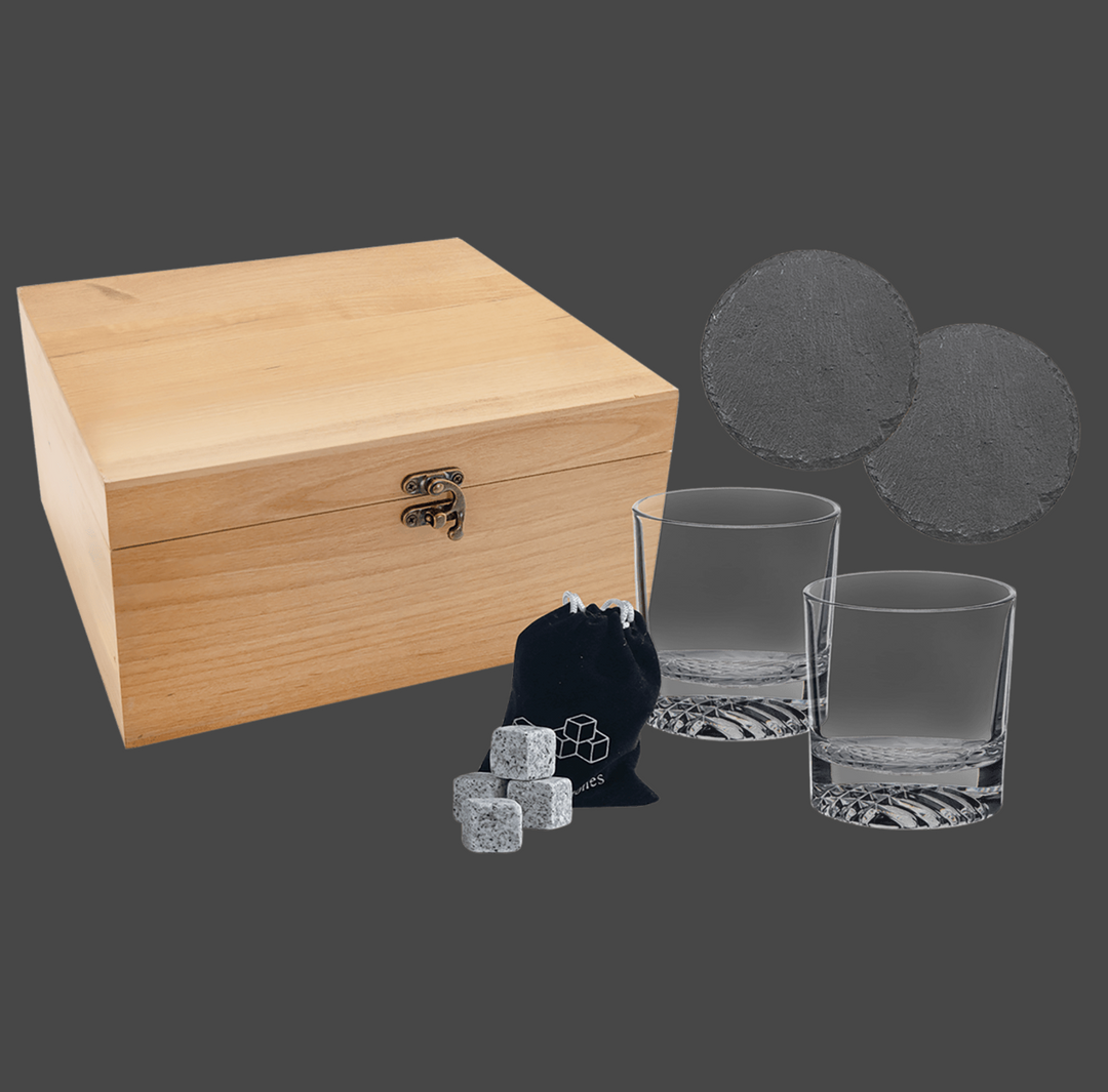 Red Alder Whiskey Set with Two 9 oz. Glasses, Two 4" Slate Coasters, and Eight Granite Whiskey Stones with Black Velvet Bag