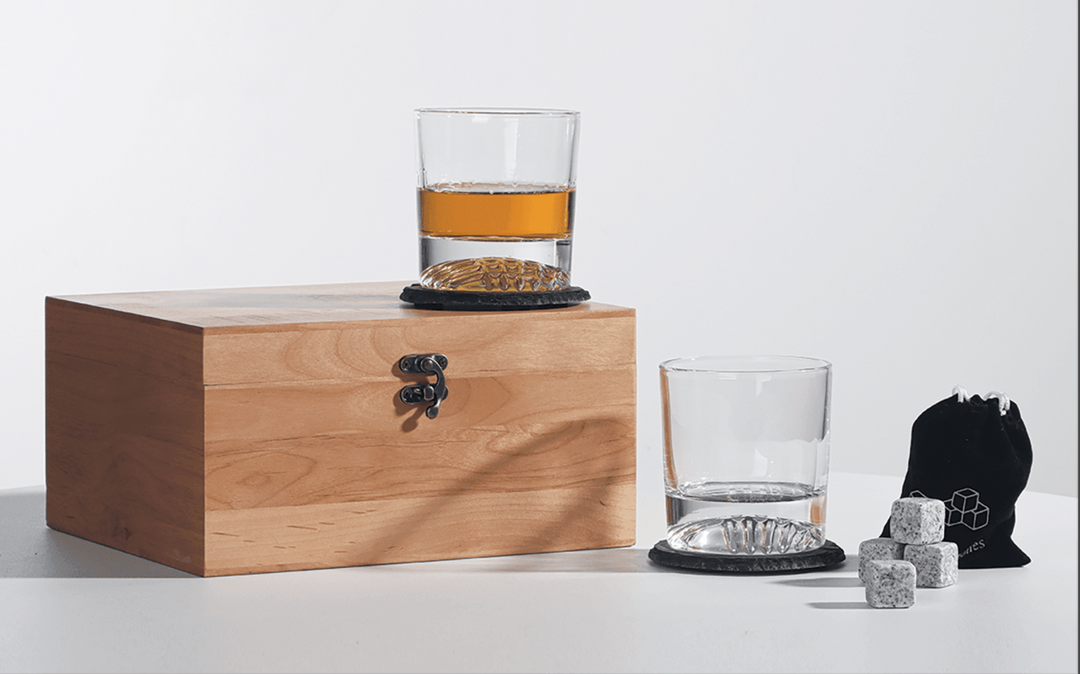Red Alder Whiskey Set with Two 9 oz. Glasses, Two 4" Slate Coasters, and Eight Granite Whiskey Stones with Black Velvet Bag